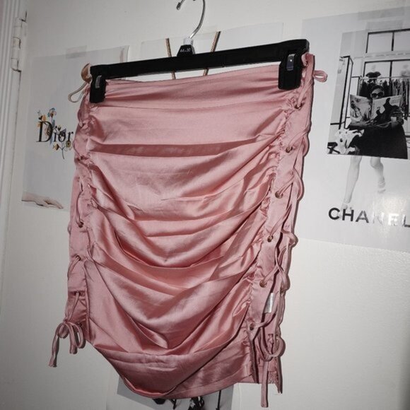 Pink Satin Scrunched Mini Skirt - Picture 3 of 4